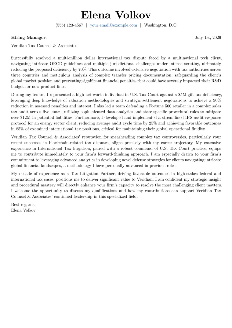 Tax Litigation Attorney Cover Letter Example