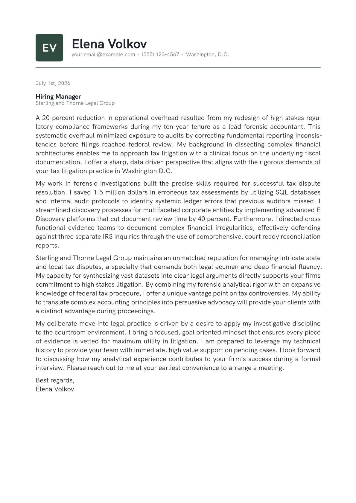 Tax Litigation Attorney cover letter in the Emblem design