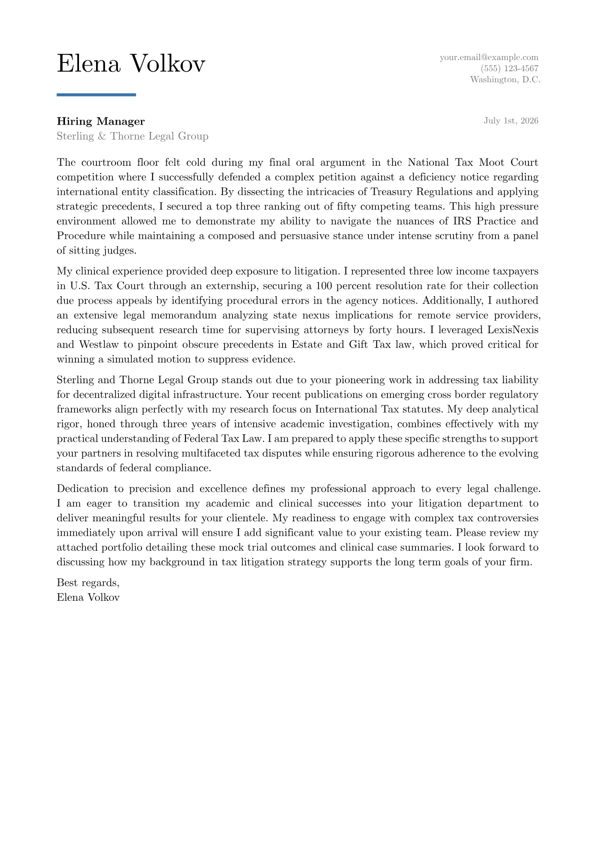 Tax Litigation Attorney cover letter in the Executive design