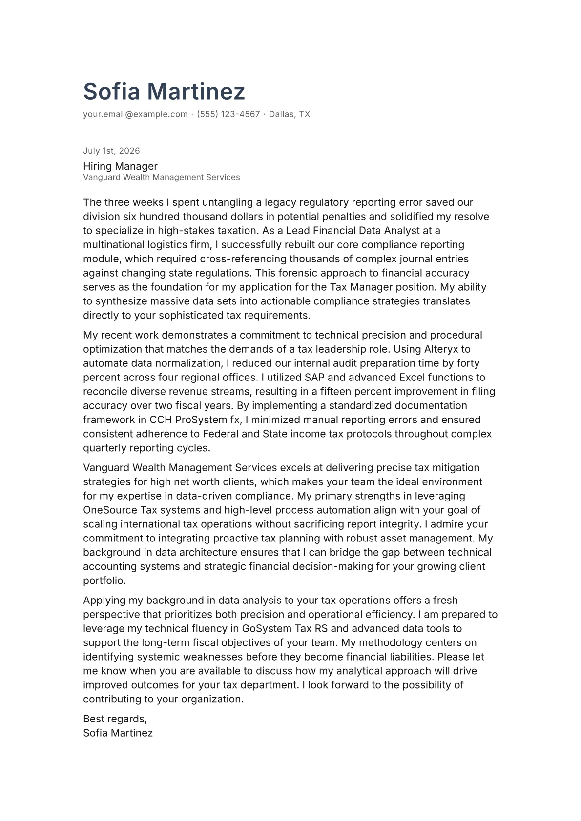 Tax Manager cover letter in the Minimal design