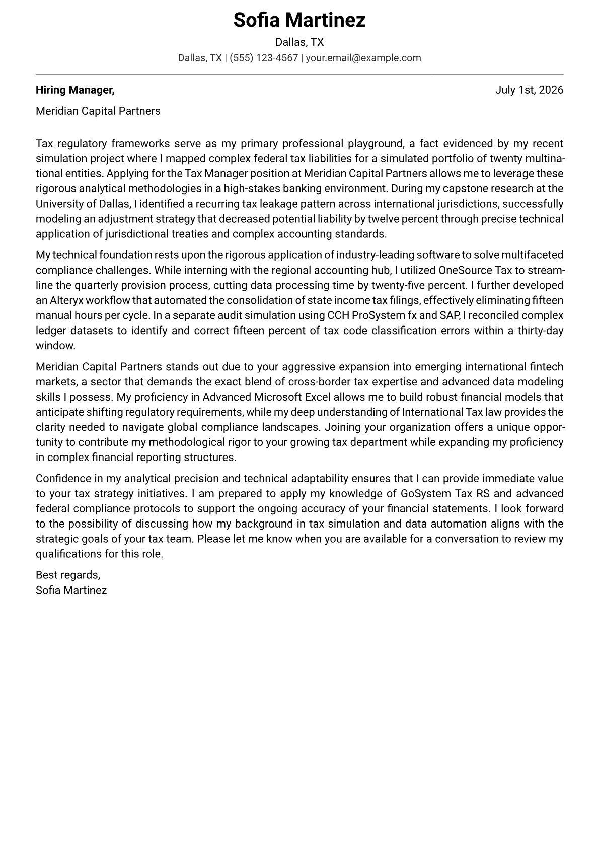 Tax Manager cover letter in the Modern design
