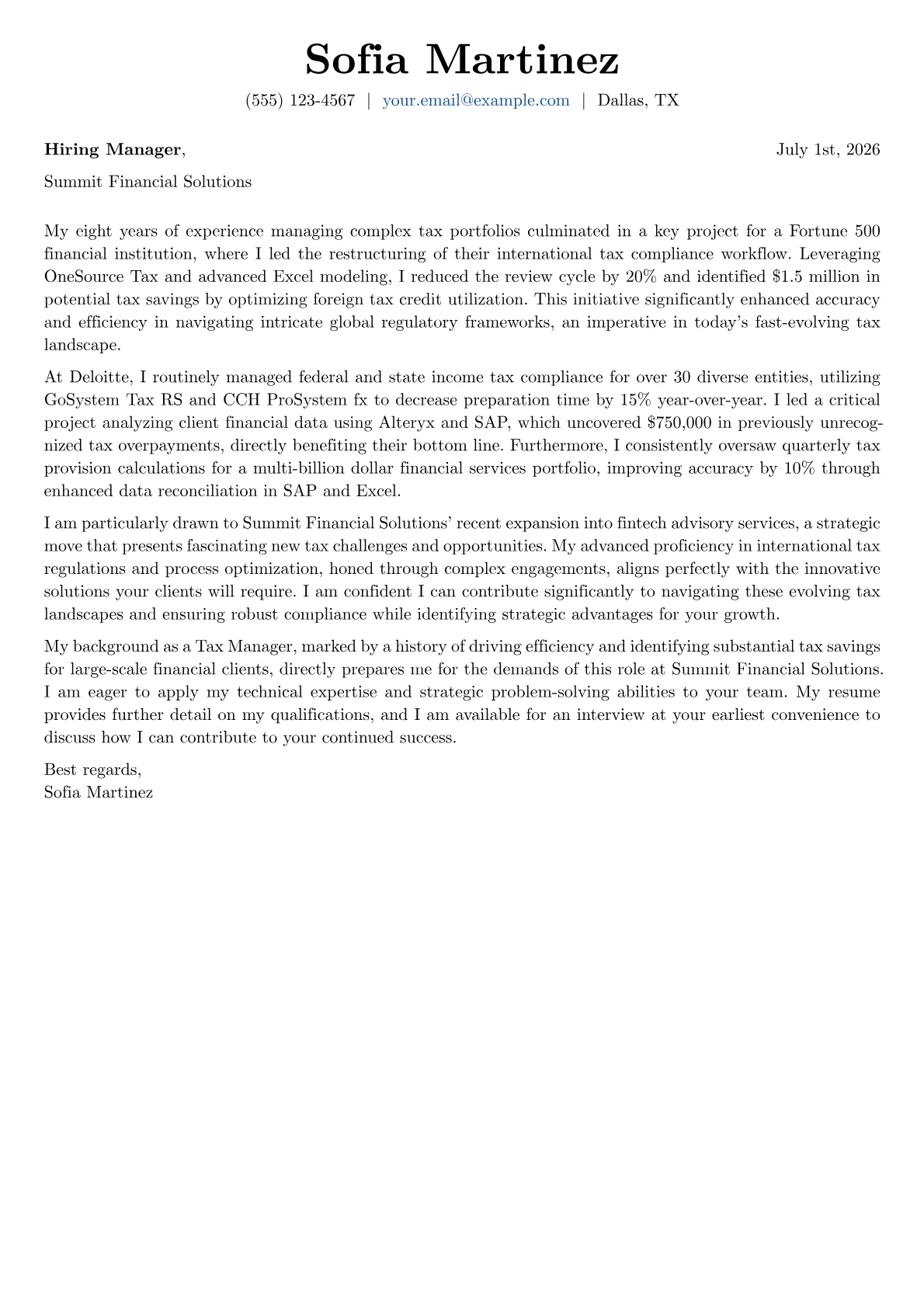 Tax Manager cover letter formatted with a JobSprout template