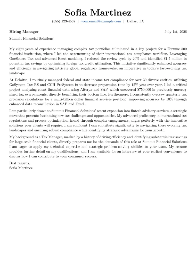 Tax Manager cover letter example preview