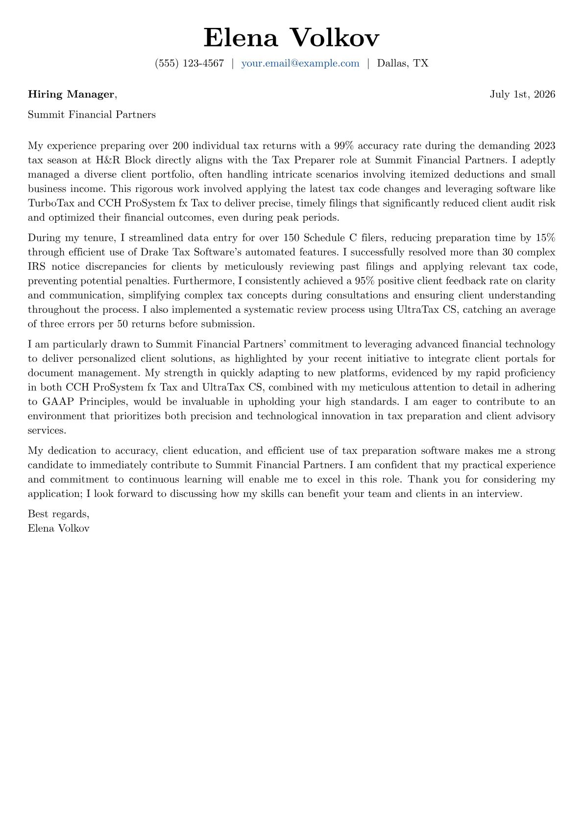 Tax Preparer cover letter formatted with a JobSprout template
