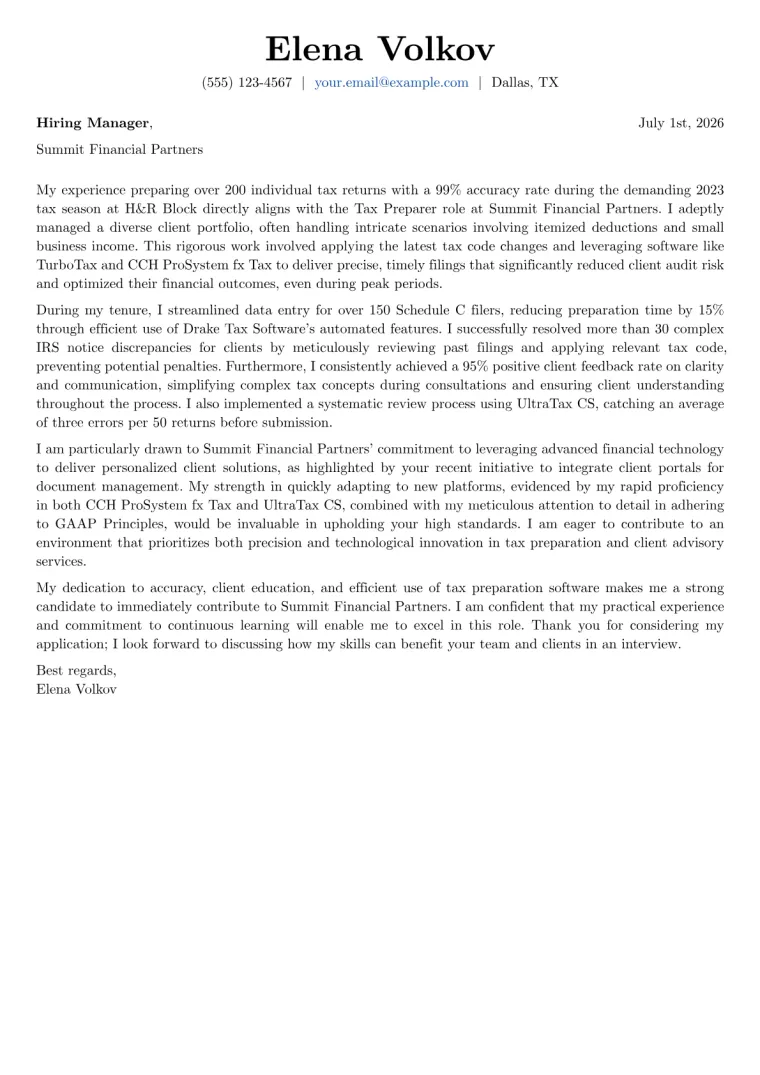Tax Preparer cover letter example preview