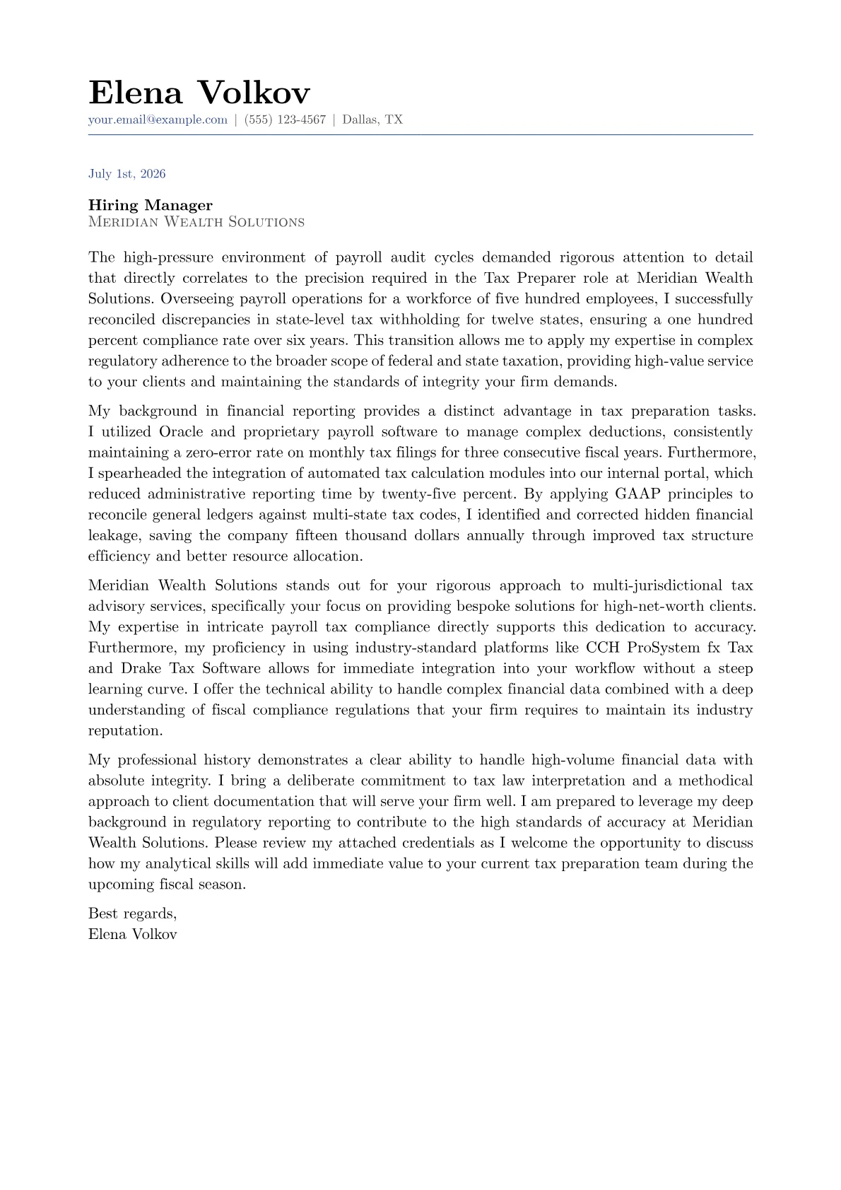 Tax Preparer cover letter in the Classic design