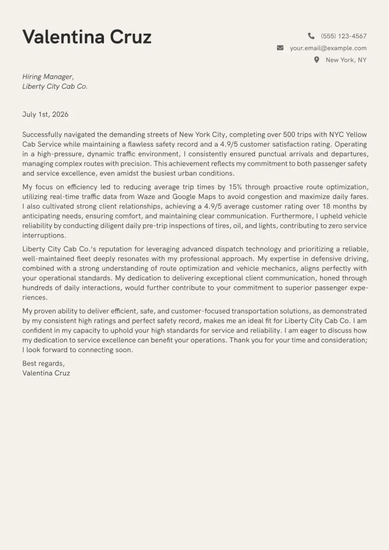 Taxi Driver cover letter example