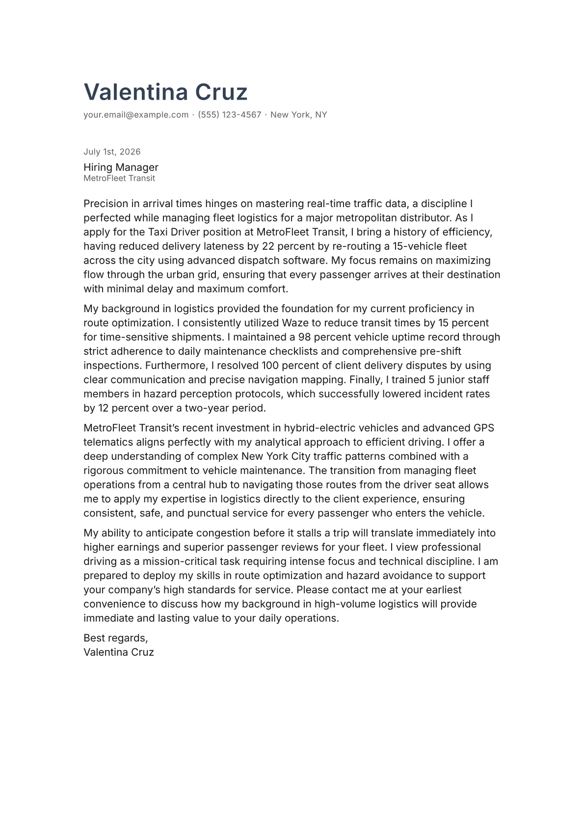 Taxi Driver cover letter in the Minimal design
