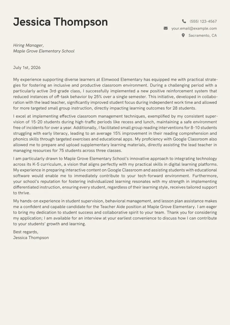 Teacher Aide Cover Letter Example