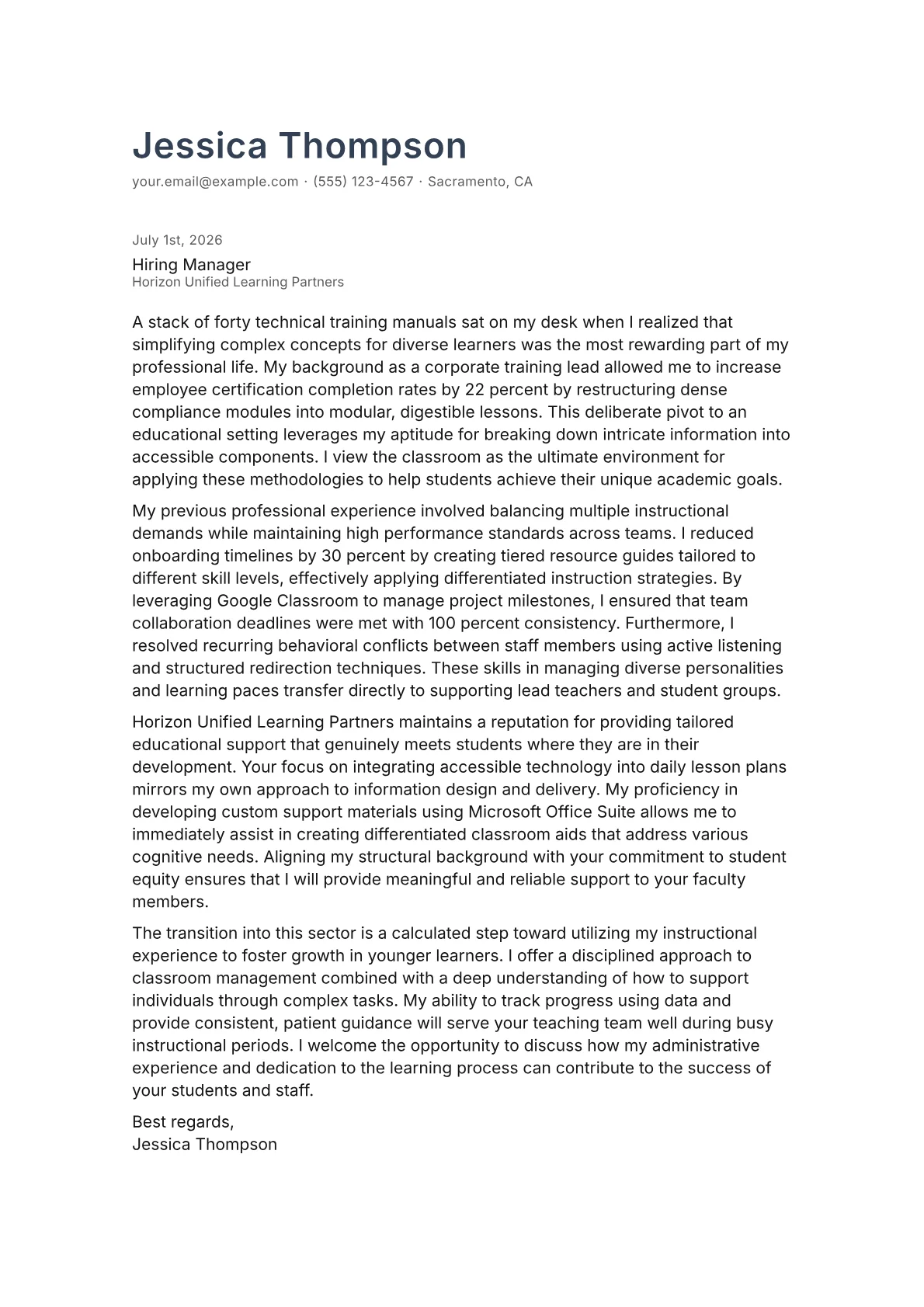 Teacher Aide cover letter in the Minimal design