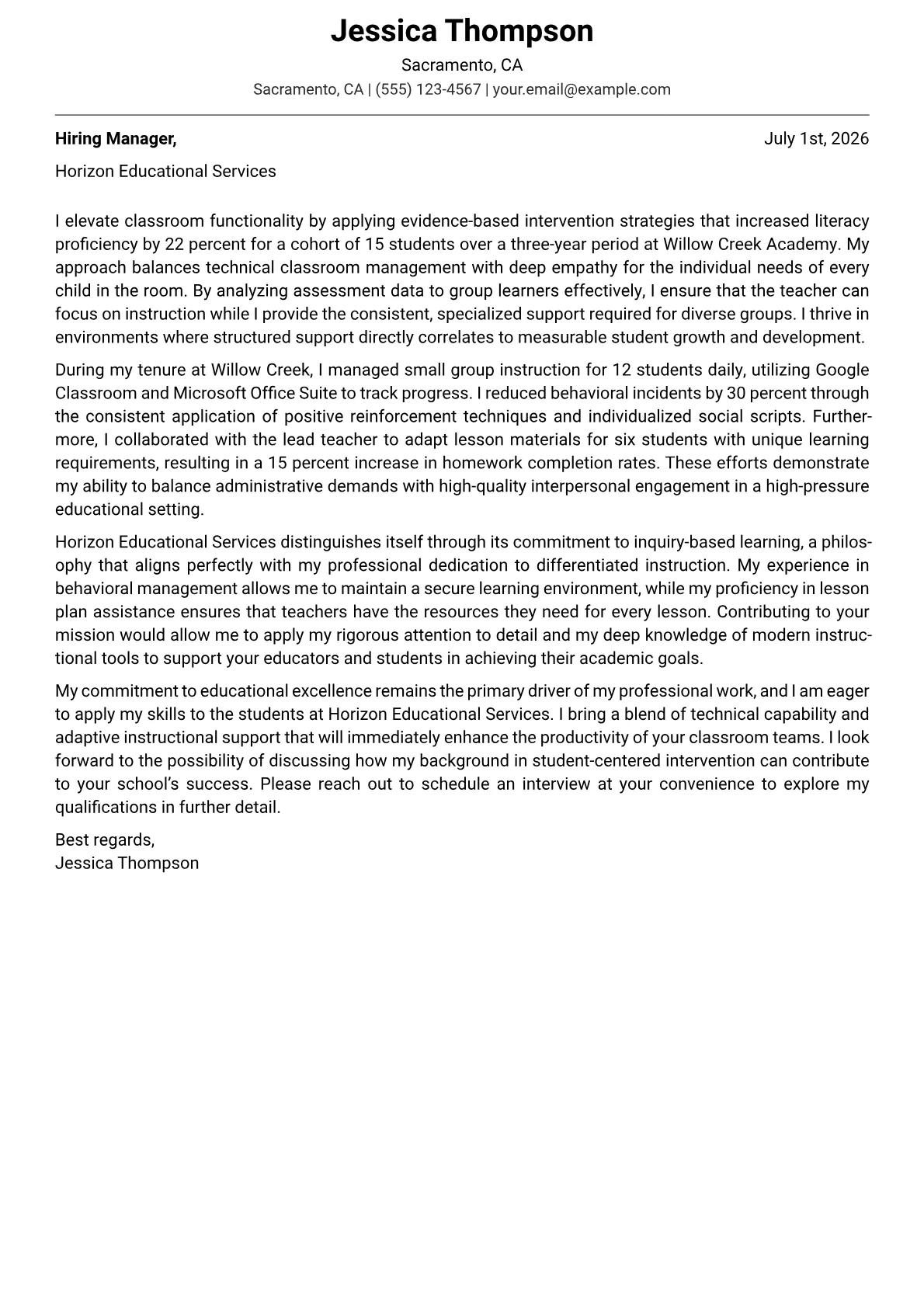 Teacher Aide cover letter in the Modern design