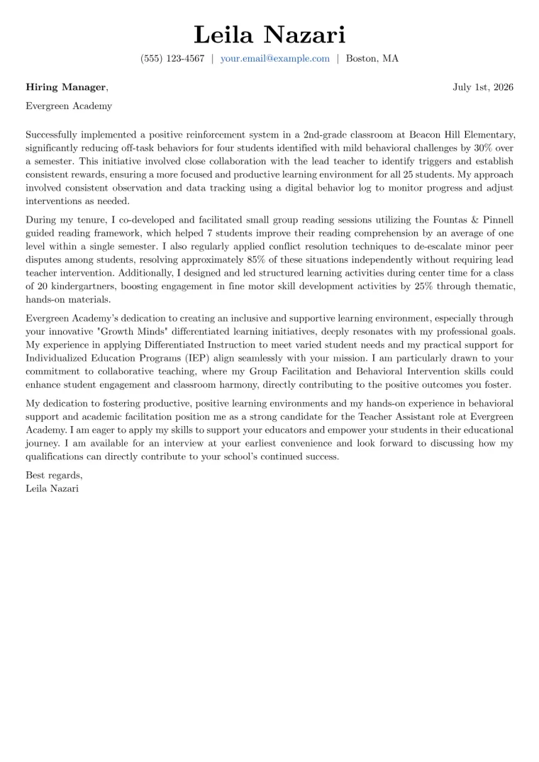 Teacher Assistant Cover Letter Example