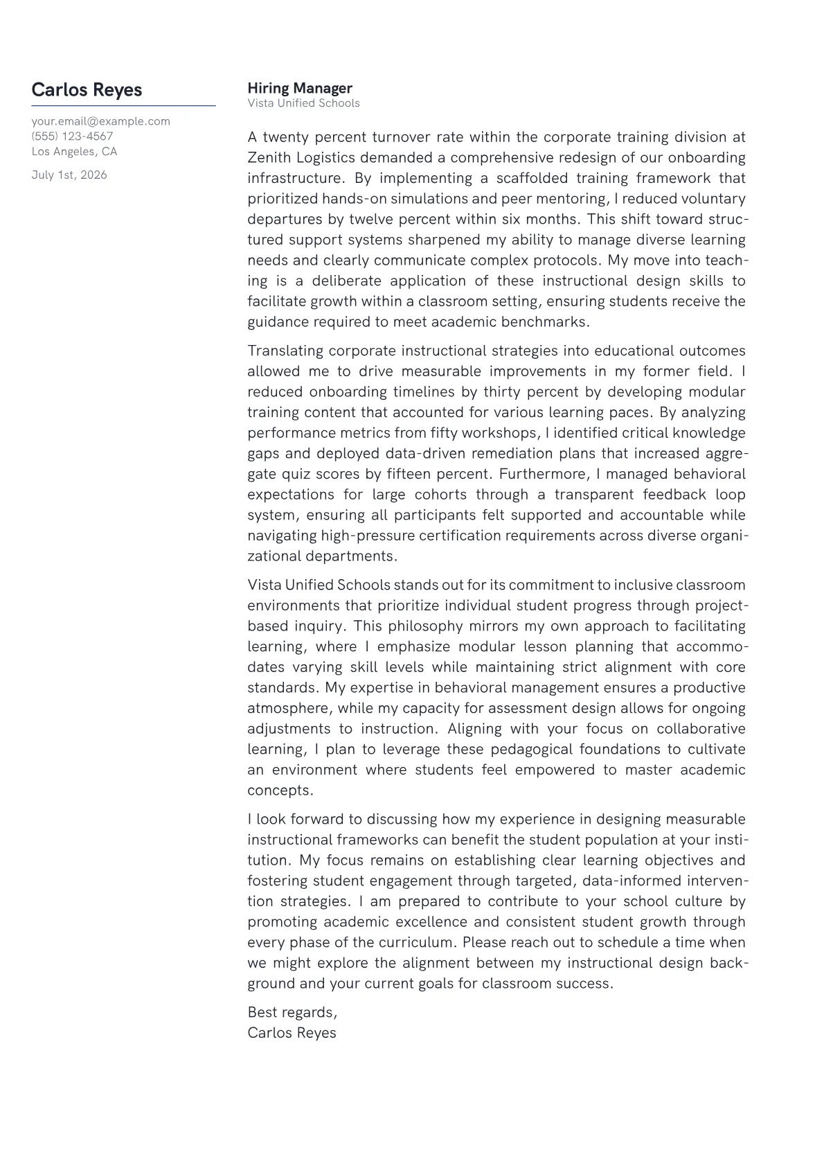 Teacher cover letter in the Margin design