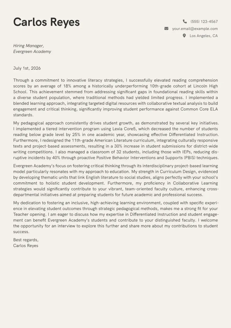 Teacher Cover Letter Example
