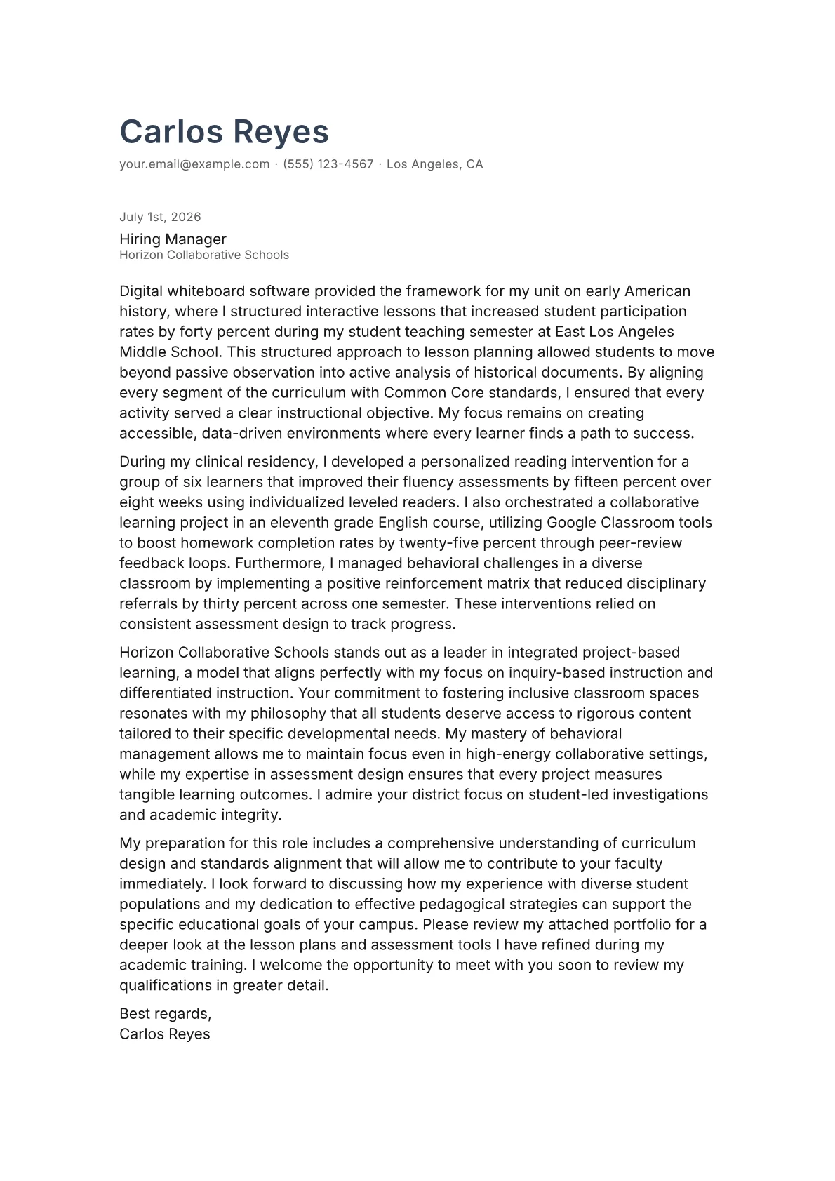 Teacher cover letter in the Minimal design