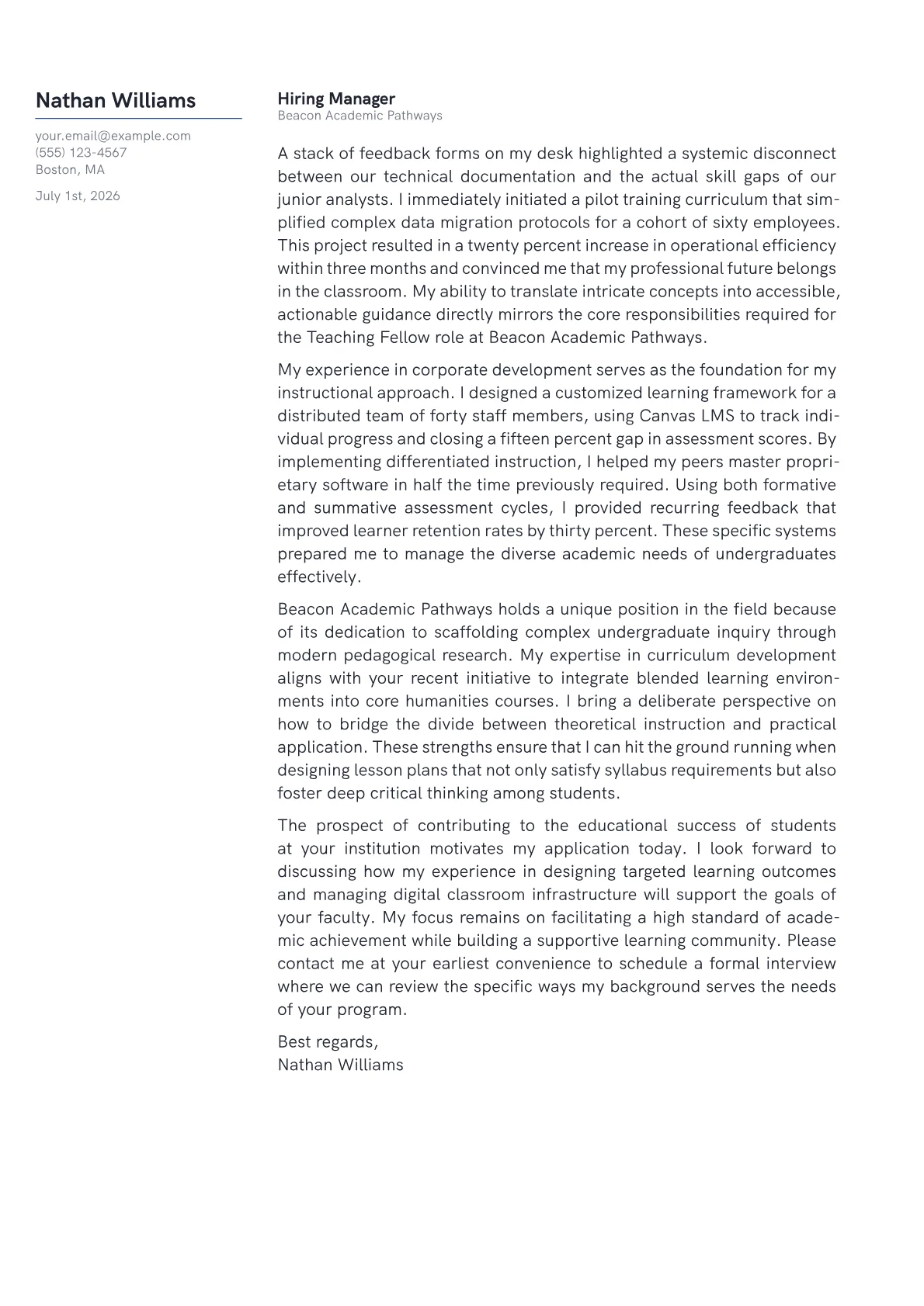 Teaching Fellow cover letter in the Margin design