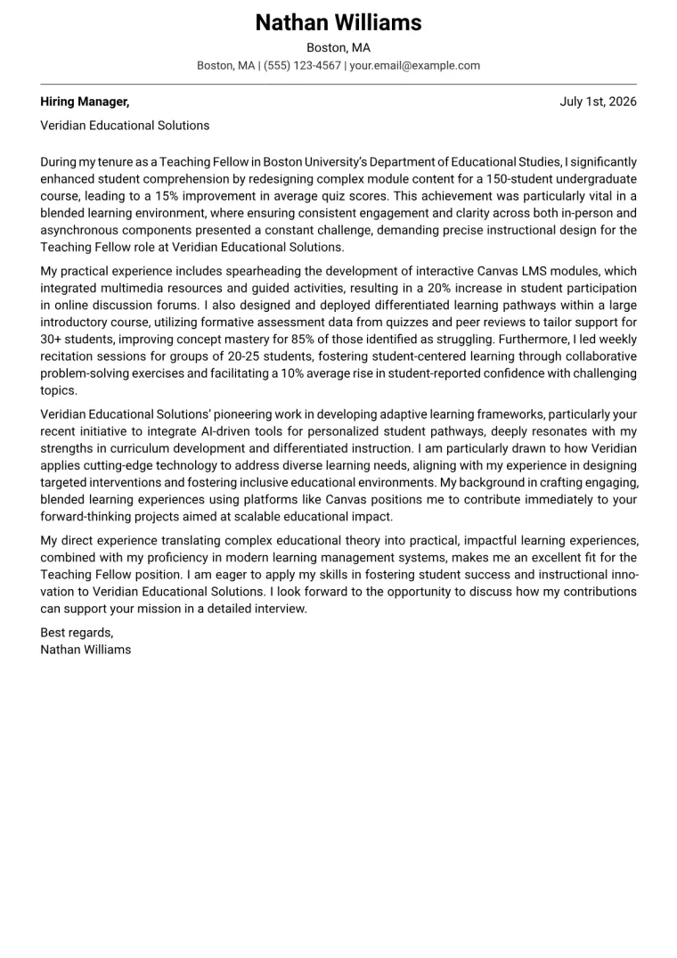 Teaching Fellow cover letter example