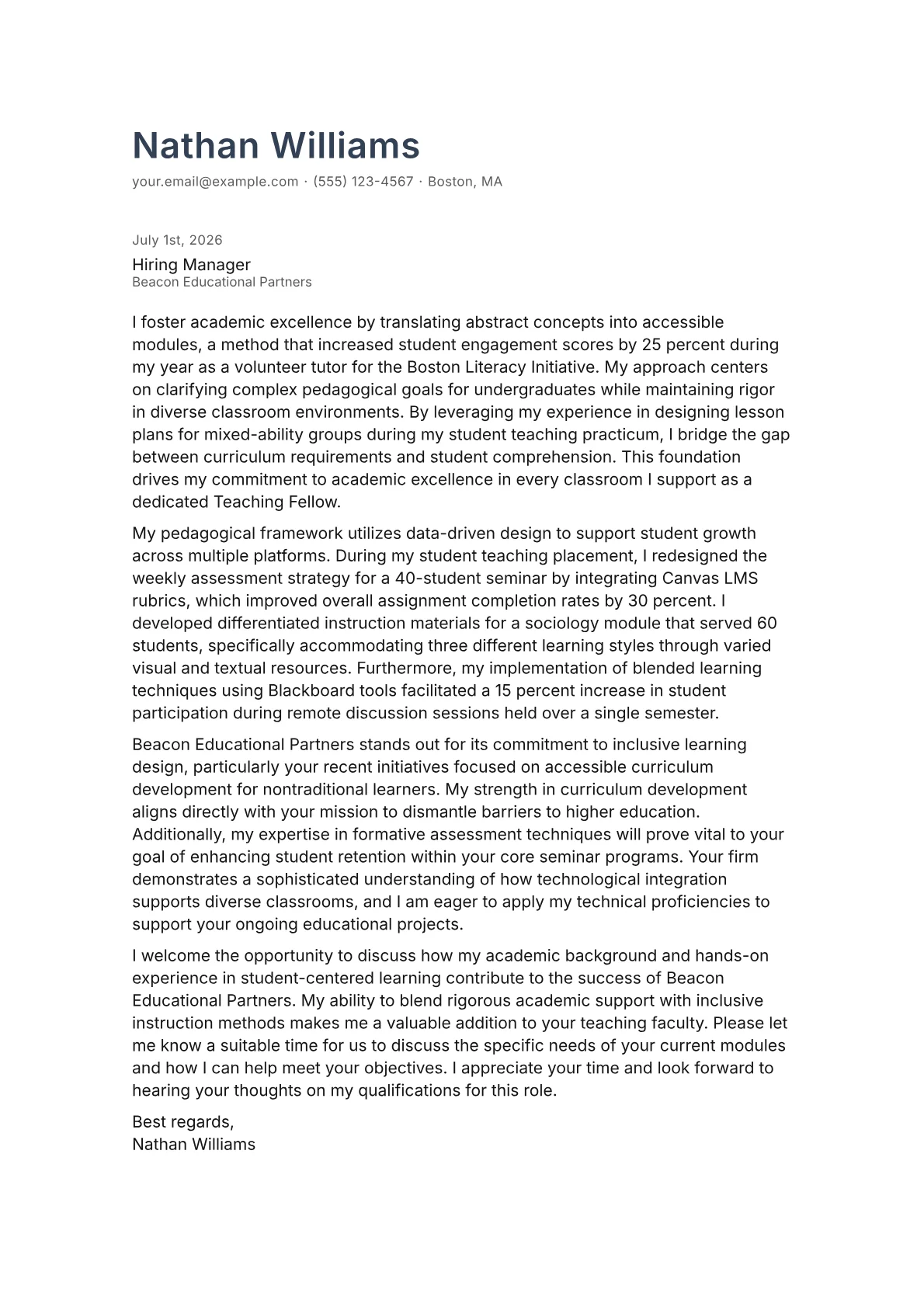 Teaching Fellow cover letter in the Minimal design