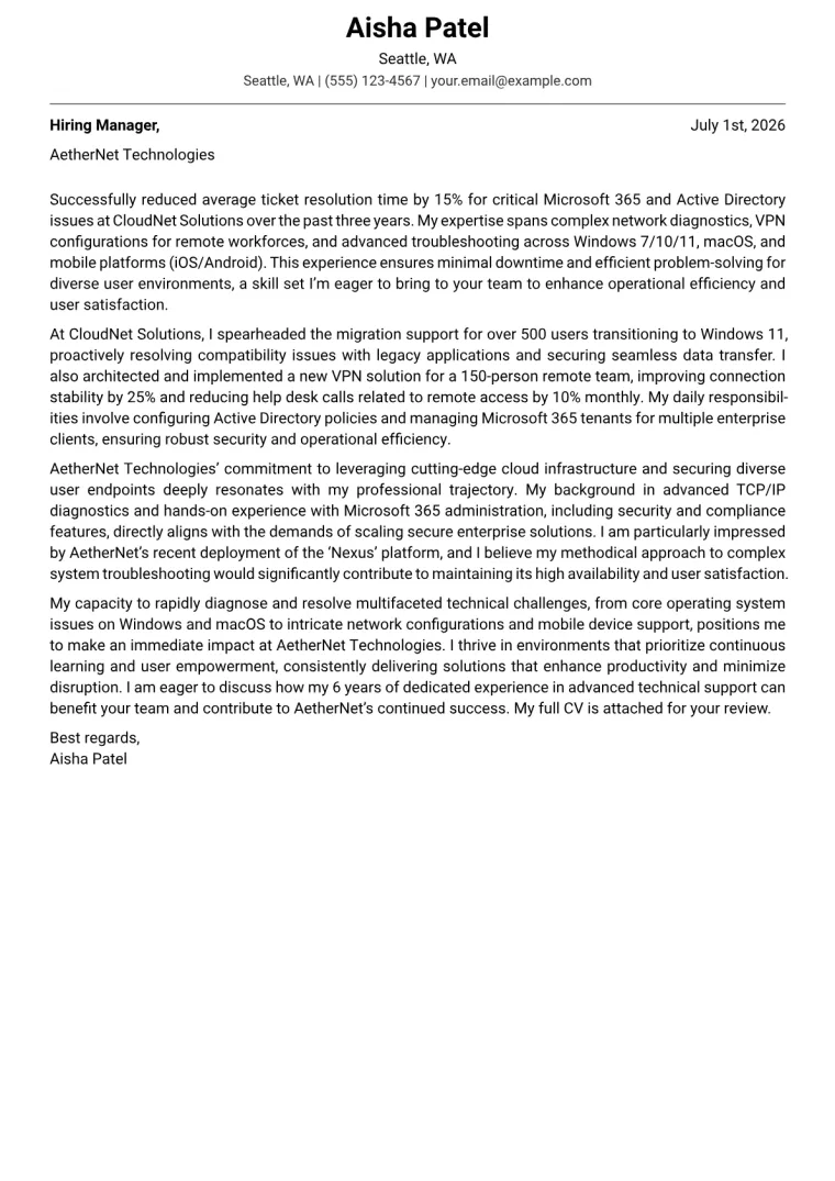 Tech Support cover letter example preview