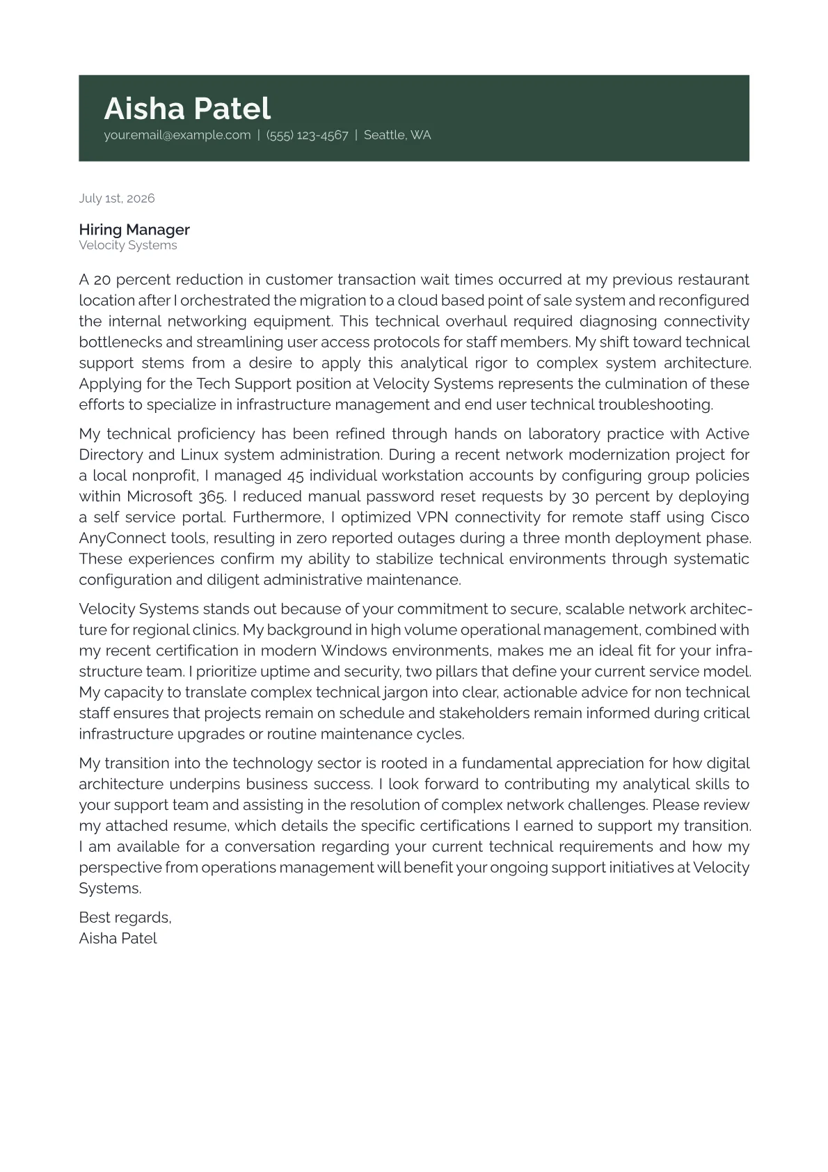 Tech Support cover letter in the Banner design