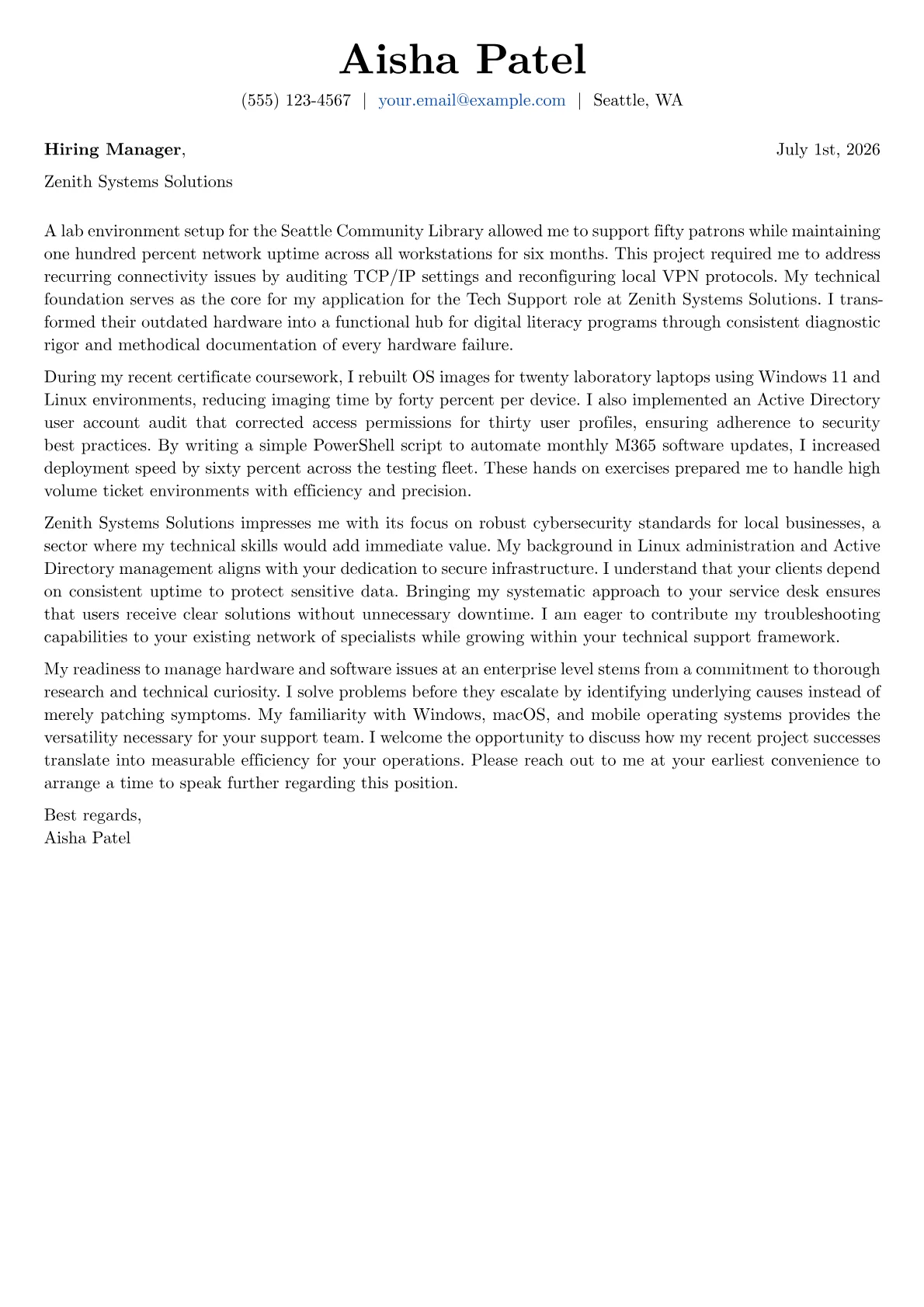 Tech Support cover letter in the Basic design