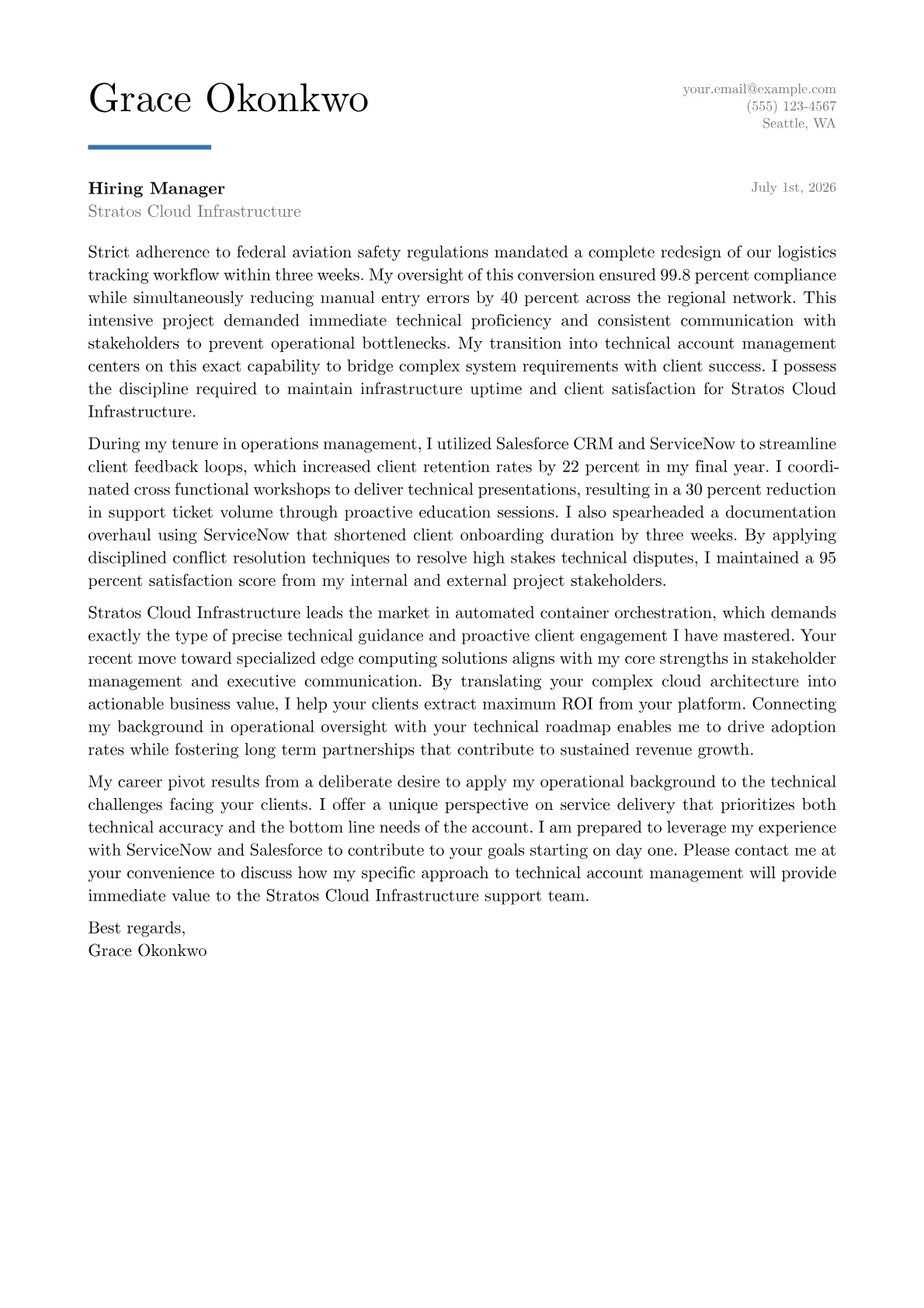 Technical Account Manager cover letter in the Executive design