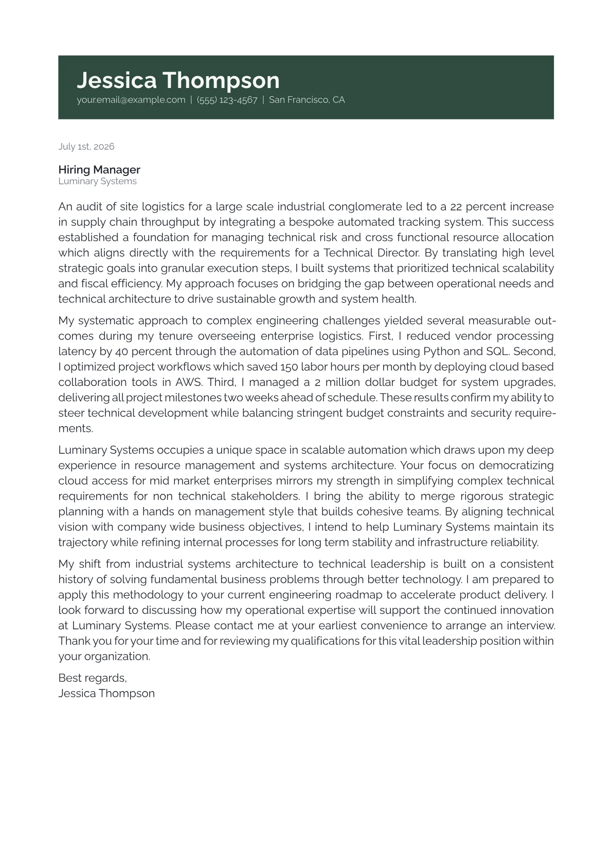 Technical Director cover letter in the Banner design