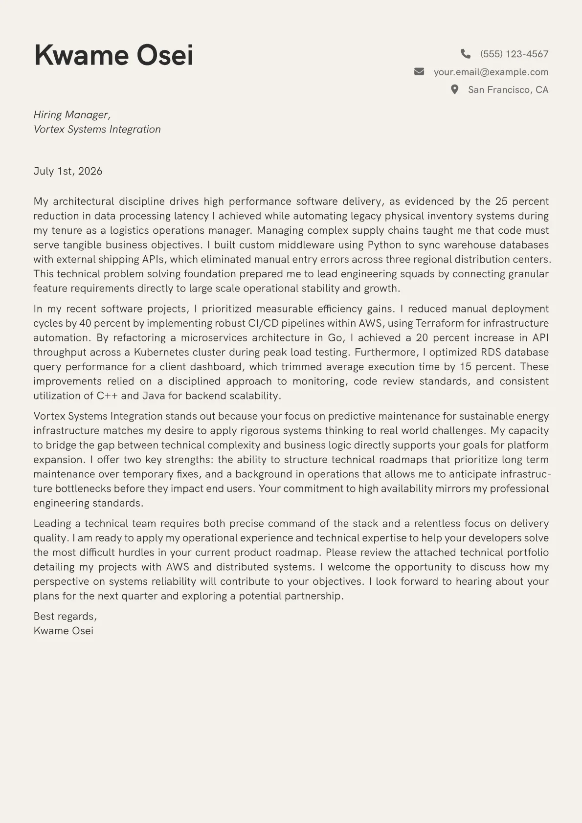 Technical Lead cover letter in the Creative design