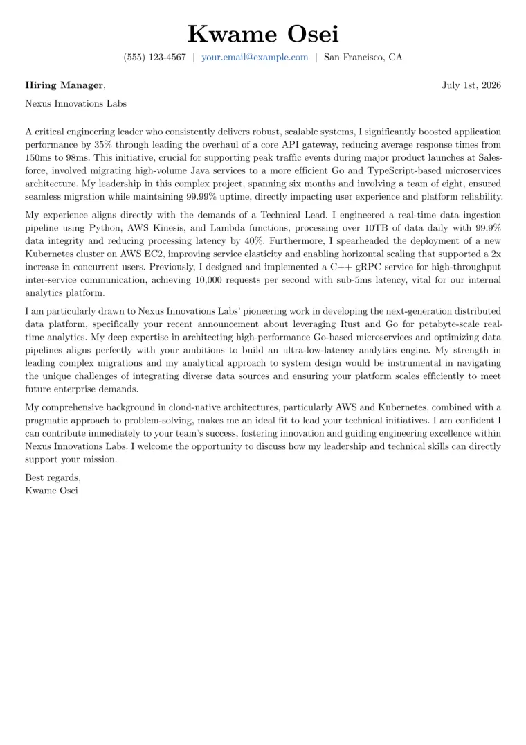 Technical Lead cover letter example preview