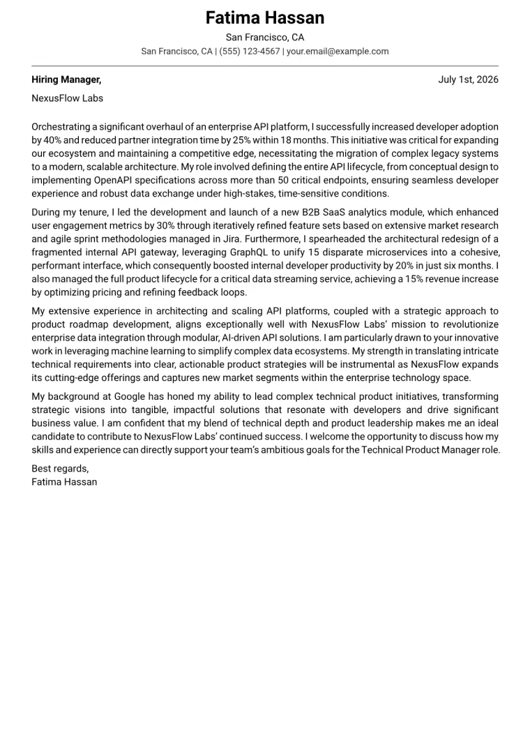 Technical Product Manager cover letter example preview