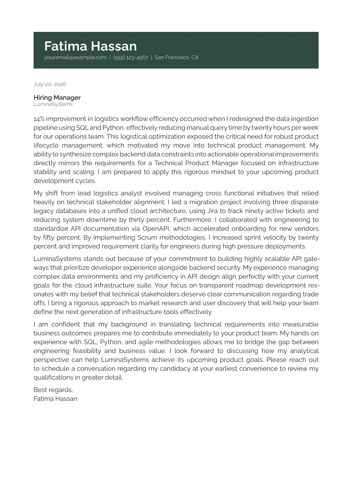 Technical Product Manager cover letter in the Banner design