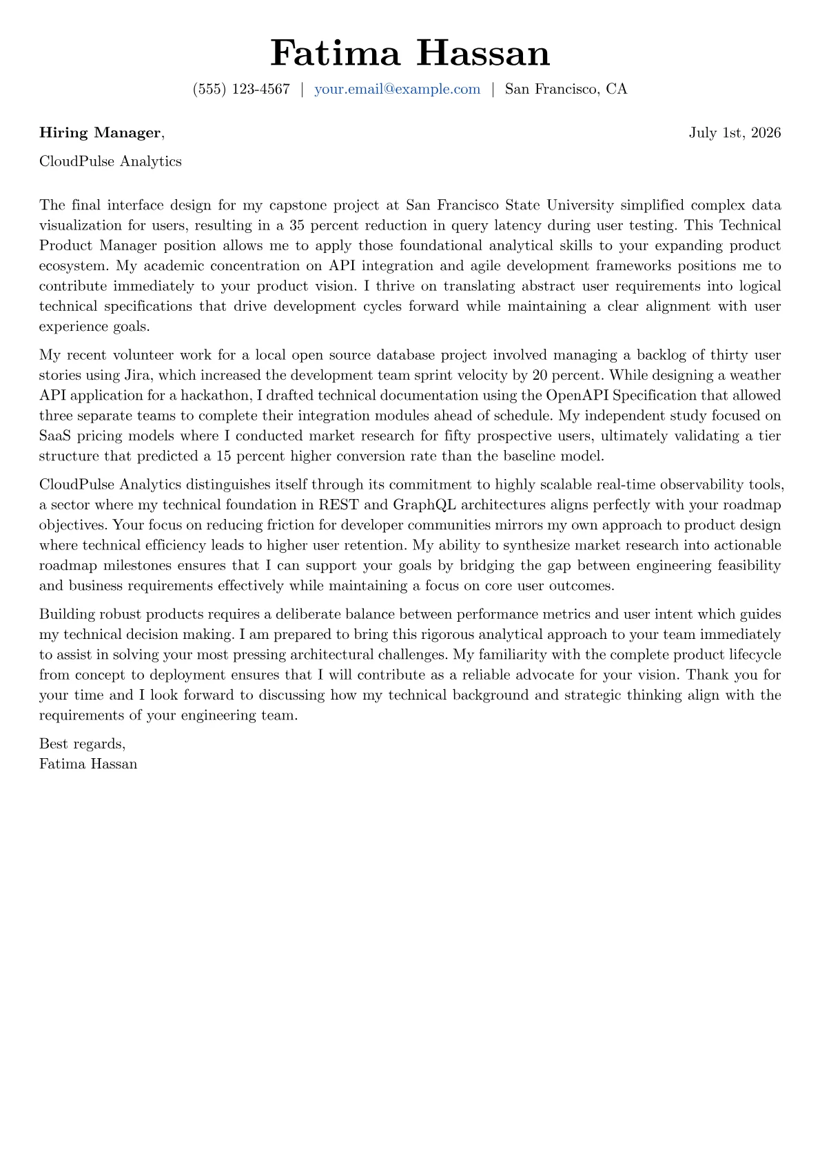 Technical Product Manager cover letter in the Basic design