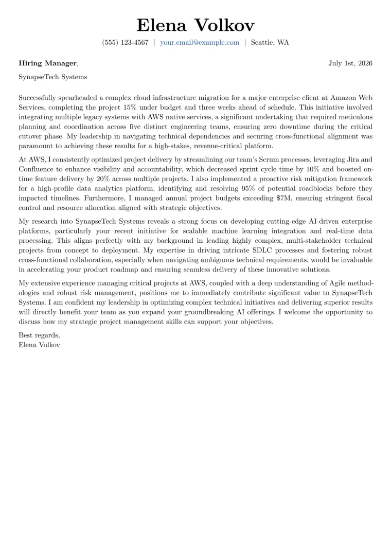 Technical Project Manager cover letter example preview