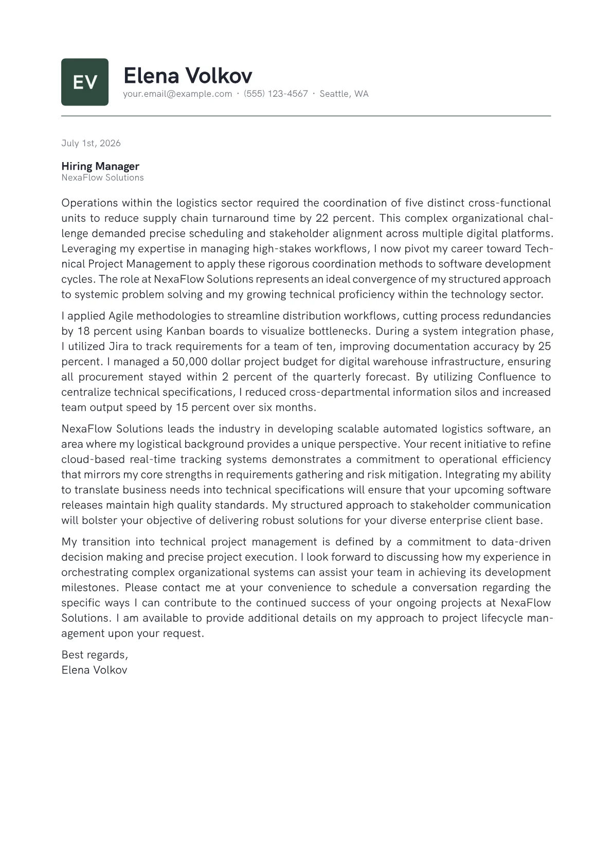 Technical Project Manager cover letter in the Emblem design