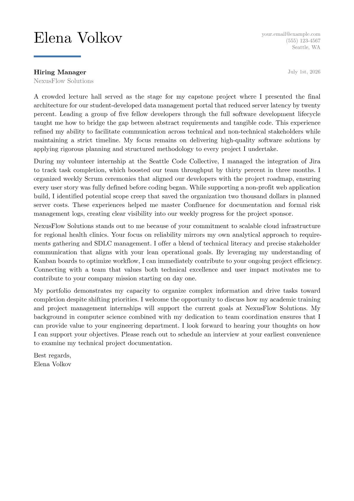 Technical Project Manager cover letter in the Executive design