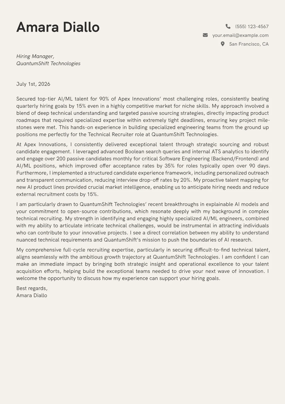 Technical Recruiter cover letter formatted with a JobSprout template