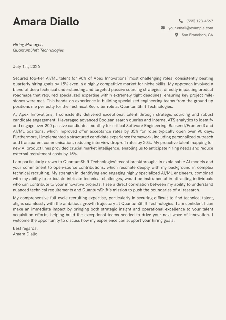 Technical Recruiter cover letter example preview