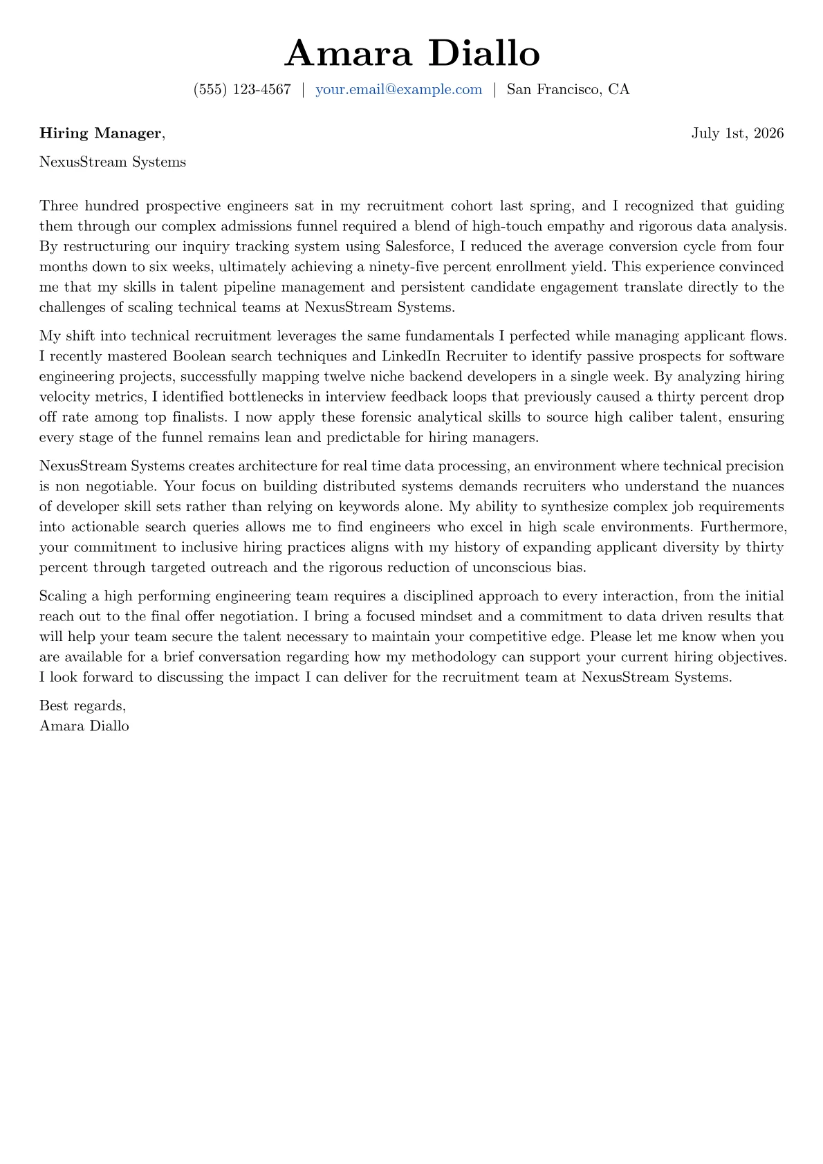 Technical Recruiter cover letter in the Basic design