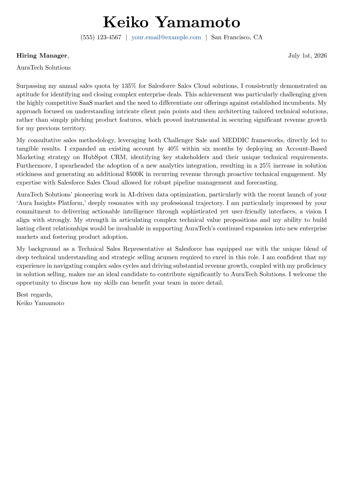 Technical Sales Representative cover letter formatted with a JobSprout template