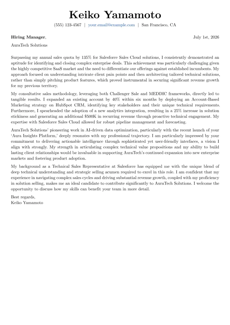 Technical Sales Representative cover letter example preview