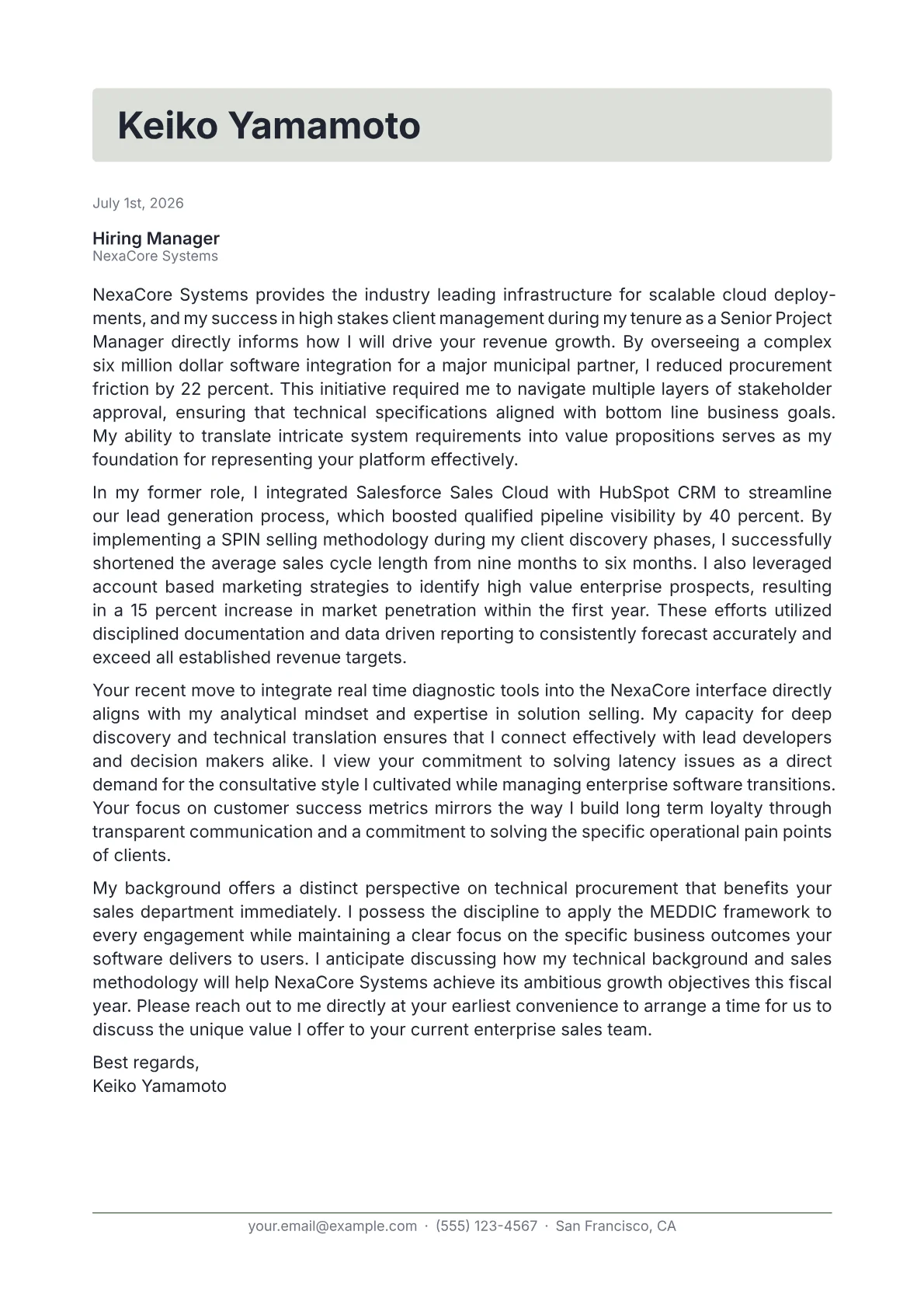 Technical Sales Representative cover letter in the Letterhead design