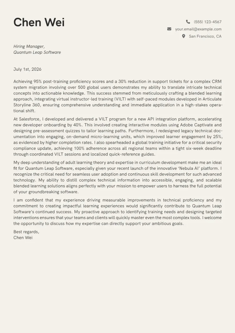 Technical Trainer cover letter example preview