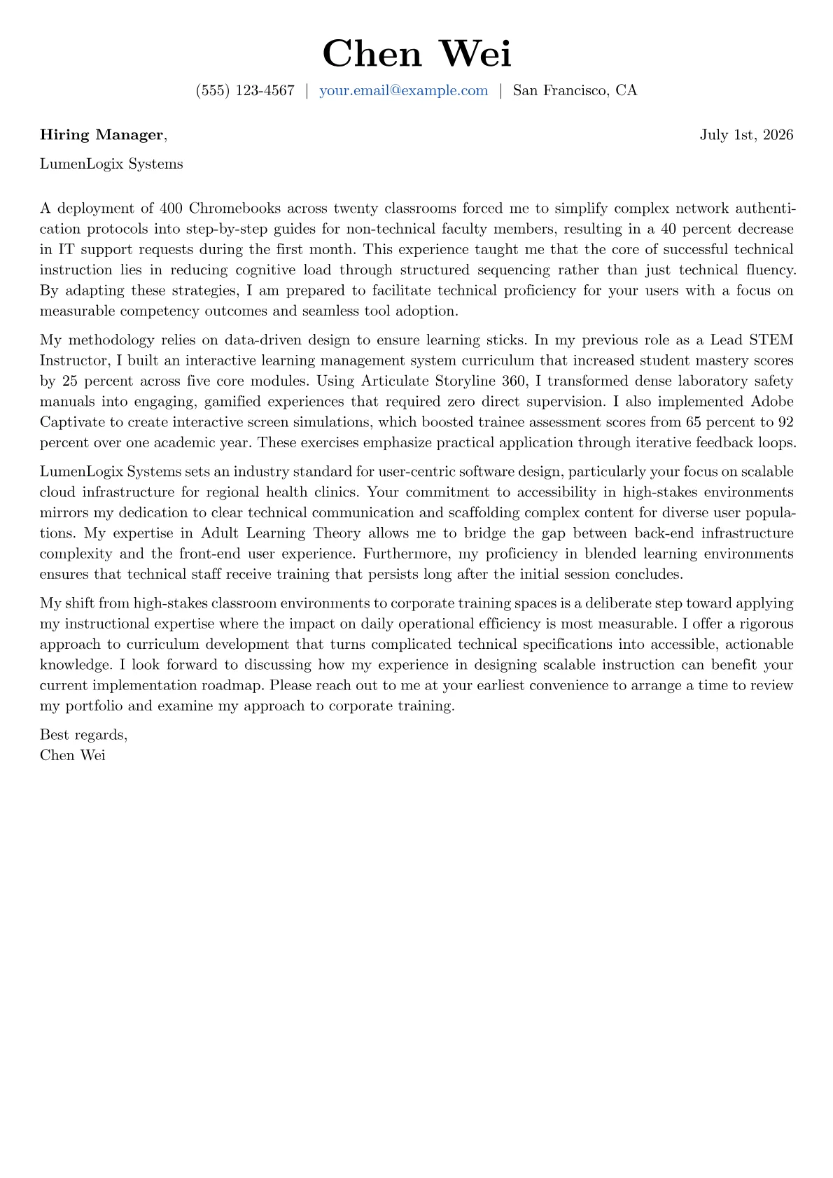 Technical Trainer cover letter in the Basic design