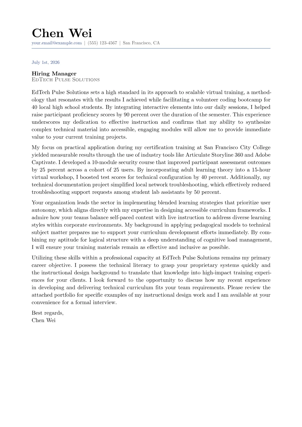 Technical Trainer cover letter in the Classic design