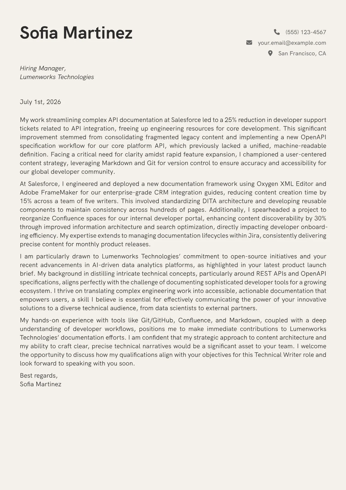 Technical Writer cover letter formatted with a JobSprout template
