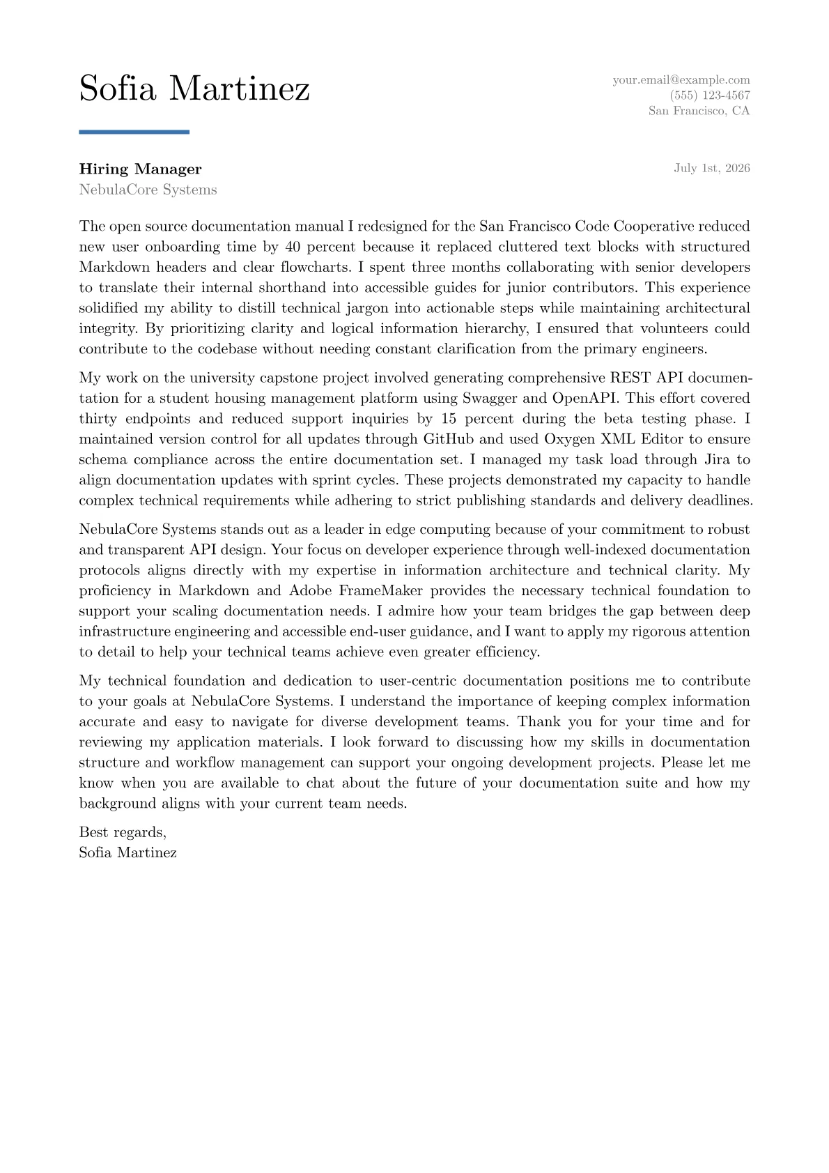 Technical Writer cover letter in the Executive design