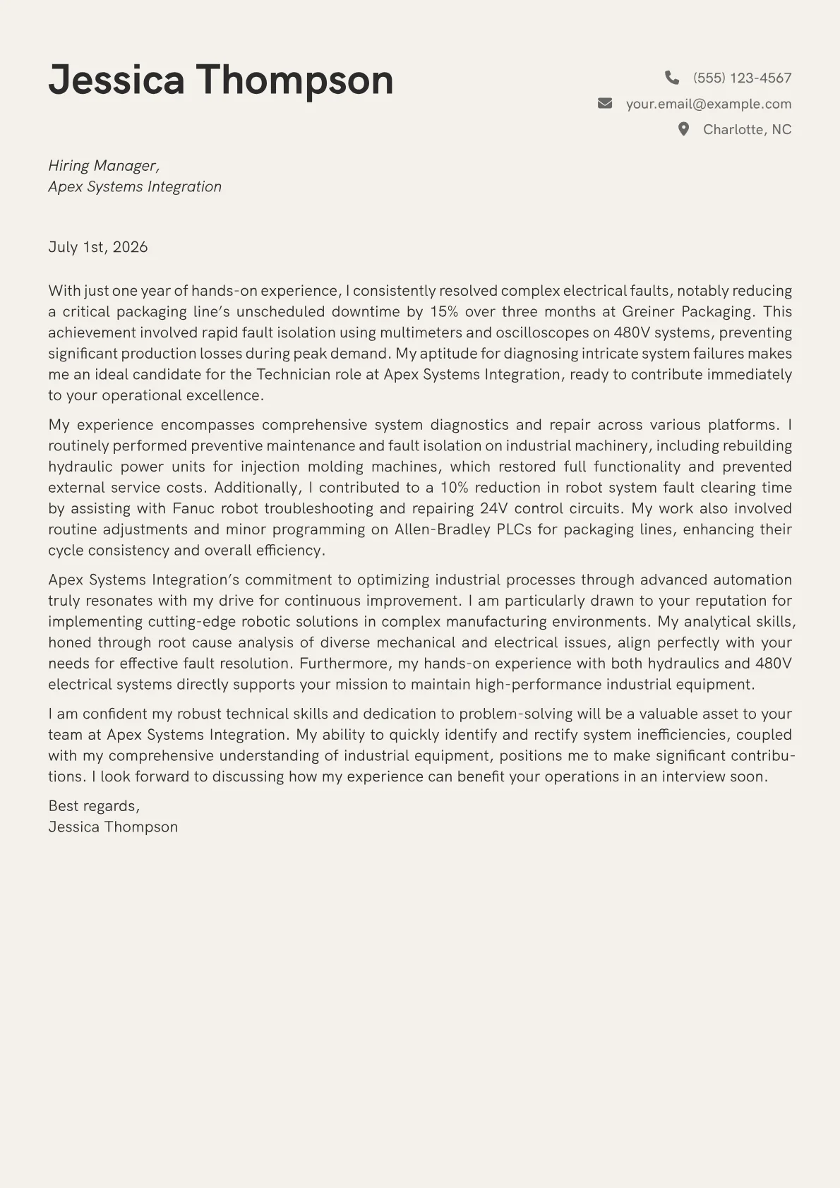 Technician cover letter formatted with a JobSprout template
