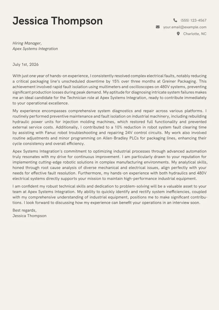 Technician Cover Letter Example