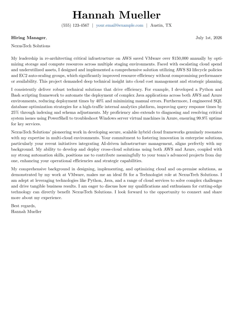 Technologist cover letter example preview