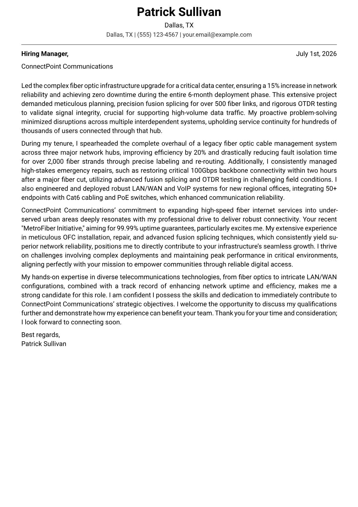 Telecommunications Technician cover letter formatted with a JobSprout template